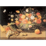 Posters Reprodukce V. Kessel - Zatiší s květinami a papouškem , (100 x 70 cm)