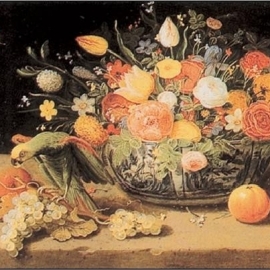 Posters Reprodukce V. Kessel - Zatiší s květinami a papouškem , (100 x 70 cm).jpg