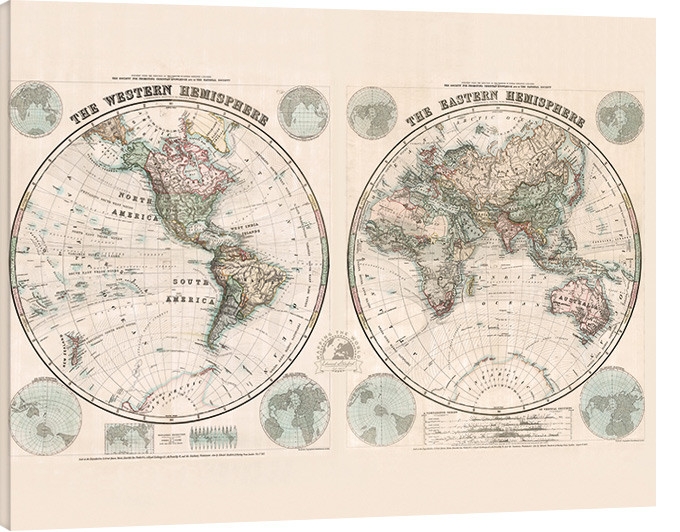 Posters Obraz na plátně Stanfords Eastern and Western Hemispheres Map - 1877, (80 x 60 cm)