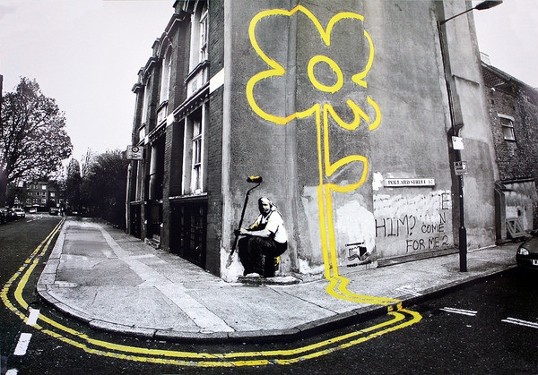 Posters Plakát, Obraz - Banksy street art - yellow flower, (59 x 42 cm)
