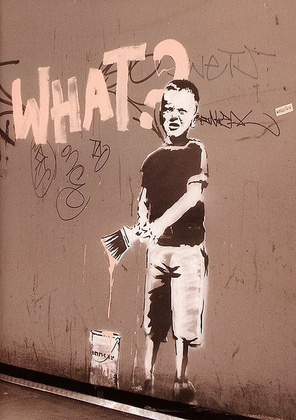 Posters Plakát, Obraz - Banksy street art - what? graffiti, (42 x 59 cm)