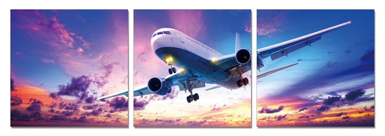 Posters Obraz na zeď - Letadlo přistávající při západu slunce, (180 x 60 cm)