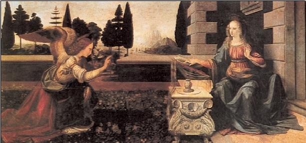 Posters Obraz, Reprodukce - Zvěstování Panny Marie, Leonardo Da Vinci, (100 x 50 cm)