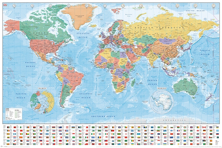 Posters Plakát, Obraz - Mapa světa - Flags and Facts, (91,5 x 61 cm)