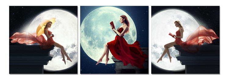 Posters Obraz na zeď - Profil ženy před měsícem, (120 x 40 cm)