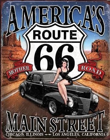 Posters Plechová cedule ROUTE 66 - America's Main Street, (31,5 x 40 cm)