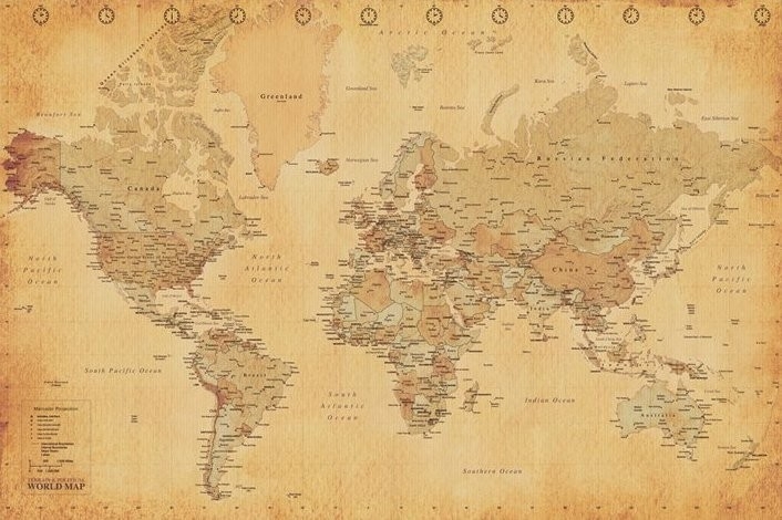 Posters Plakát, Obraz - Mapa světa - starý styl, (91,5 x 61 cm)