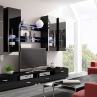Elegantní modré LCD světlo v černém dekoru nábytku obývací stěny